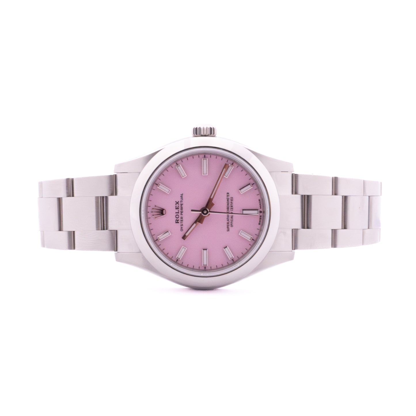 Rolex Oyster Perpetual 31mm Candy – Frontansicht liegend auf weißem Hintergrund