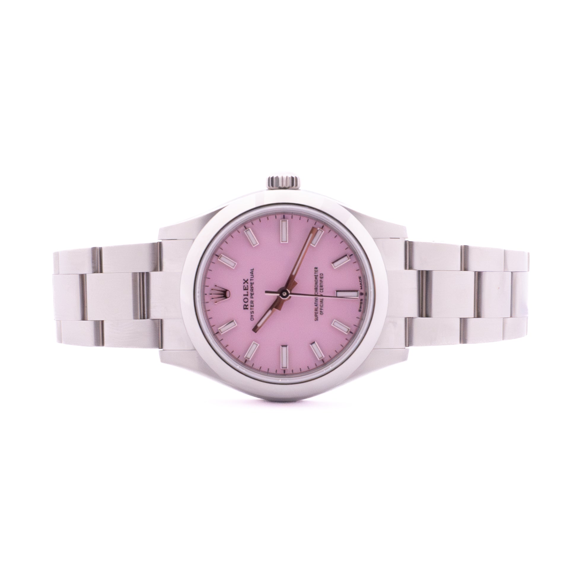 Rolex Oyster Perpetual 31mm Candy – Frontansicht liegend auf weißem Hintergrund
