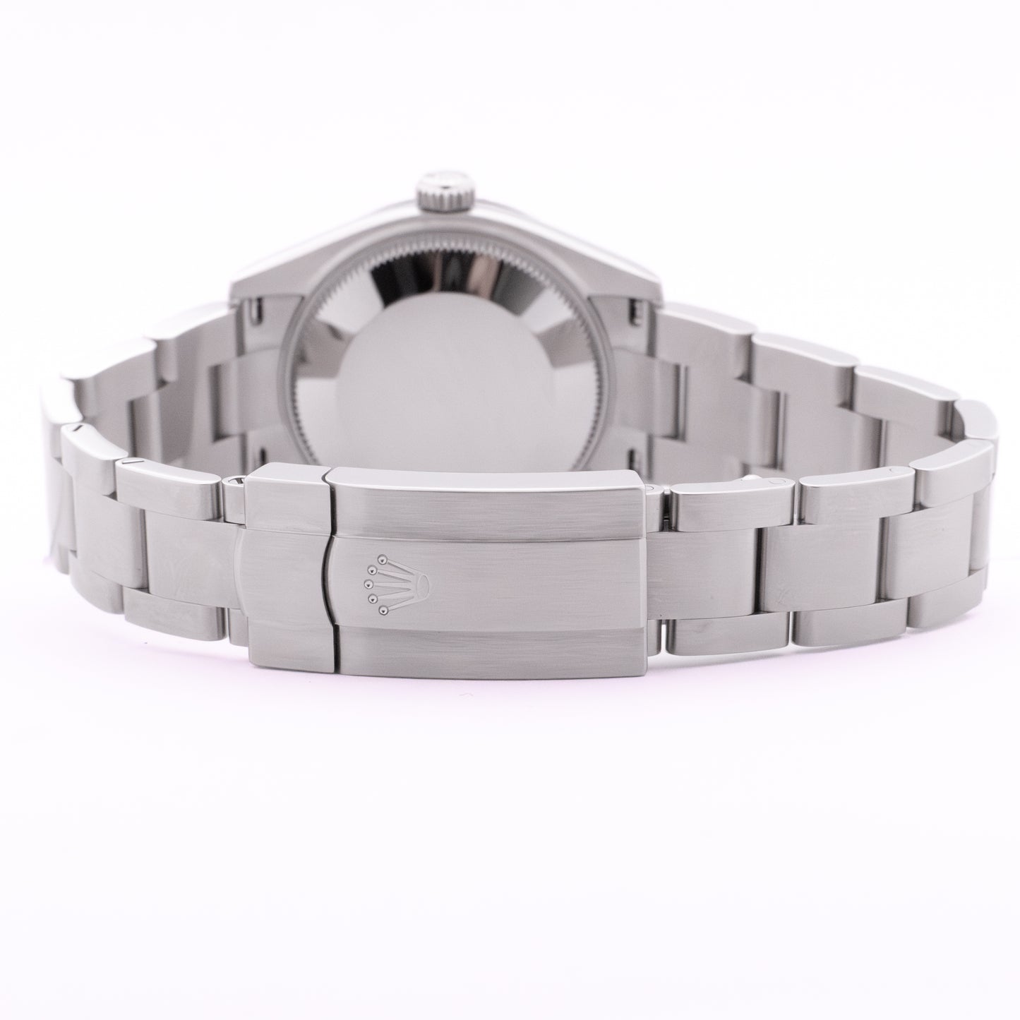 Rolex Oyster Perpetual 31mm Candy – Rückseitige Detailansicht mit Krone und Faltschließe
