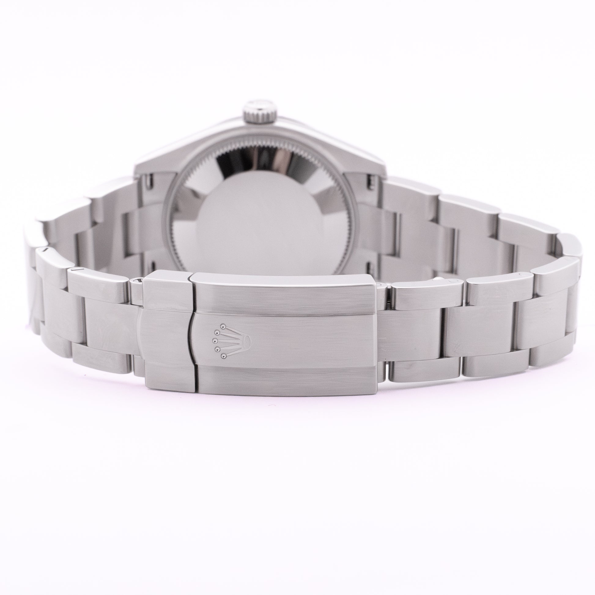 Rolex Oyster Perpetual 31mm Candy – Rückseitige Detailansicht mit Krone und Faltschließe